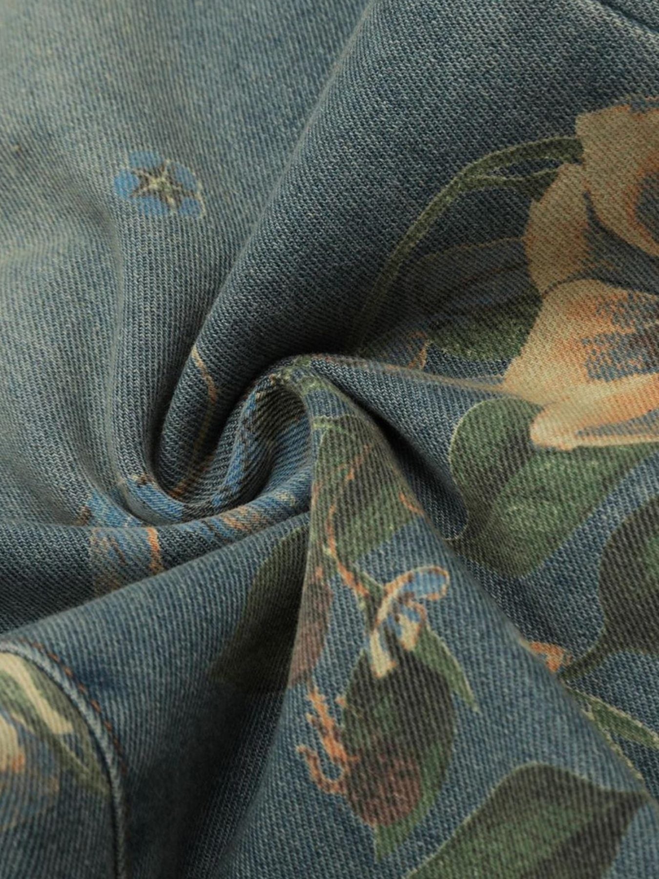 Vintage Floral Print Wide-Leg Denim Jeans – High-Waist Casual Streetwear for Spring and Summer