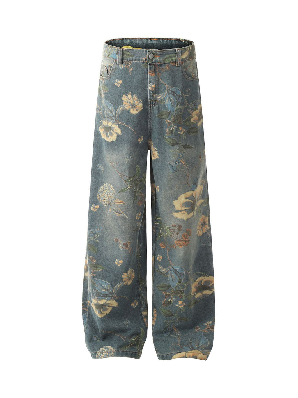 Vintage Floral Print Wide-Leg Denim Jeans – High-Waist Casual Streetwear for Spring and Summer