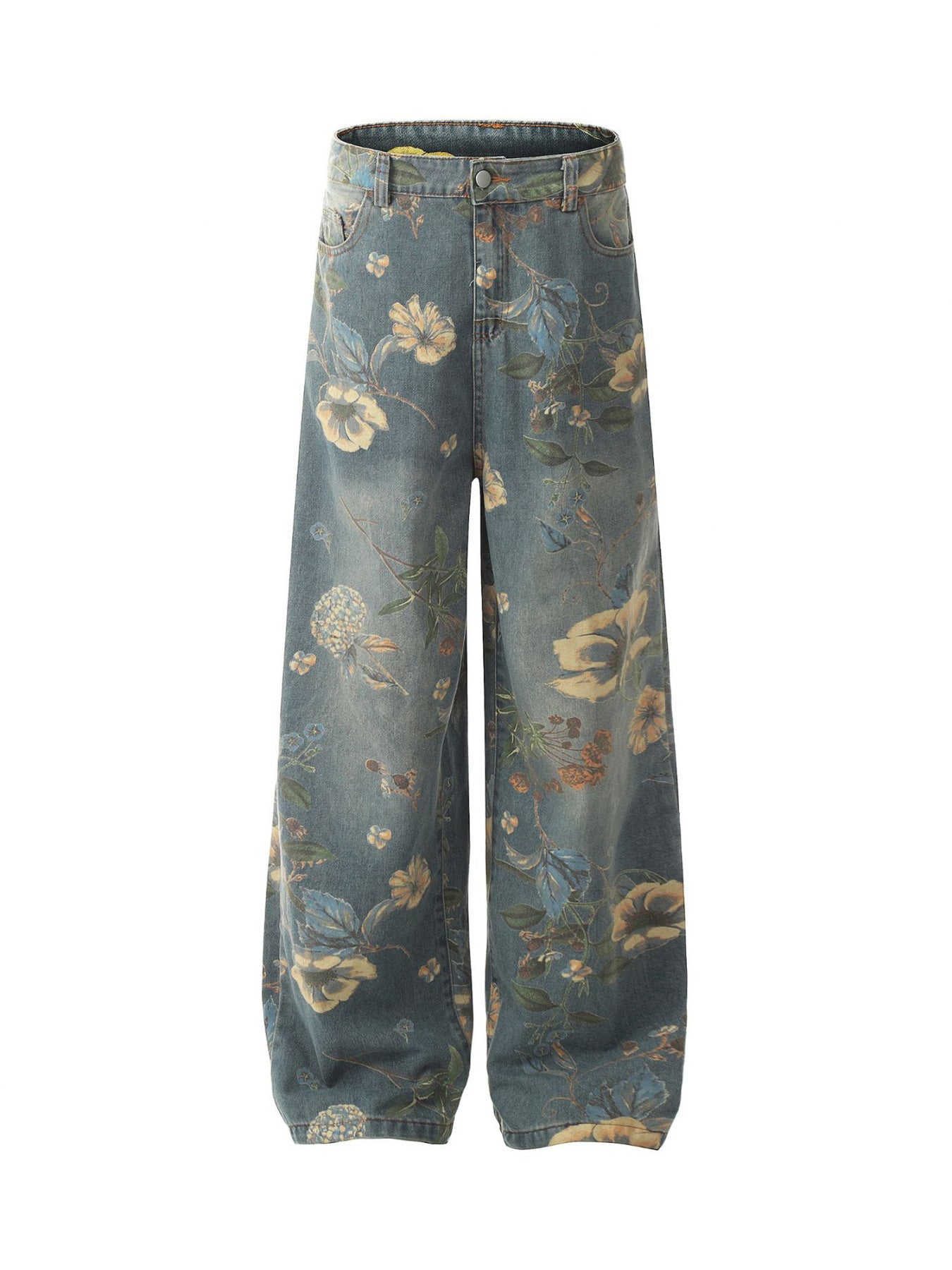 Vintage Floral Print Wide-Leg Denim Jeans – High-Waist Casual Streetwear for Spring and Summer