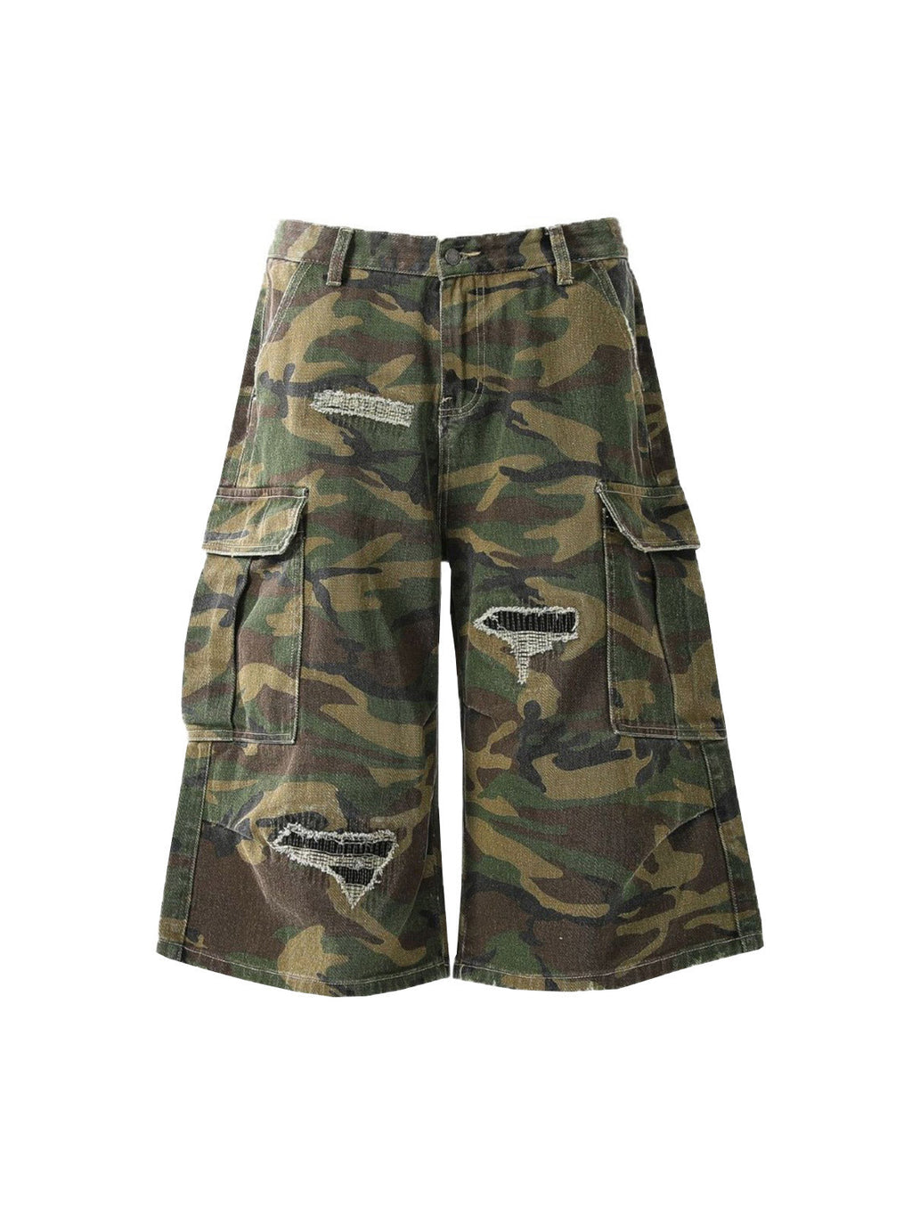 Camouflage Cargo Shorts with Distressed Details – Multi-Pocket Urban Streetwear for Spring and Summer