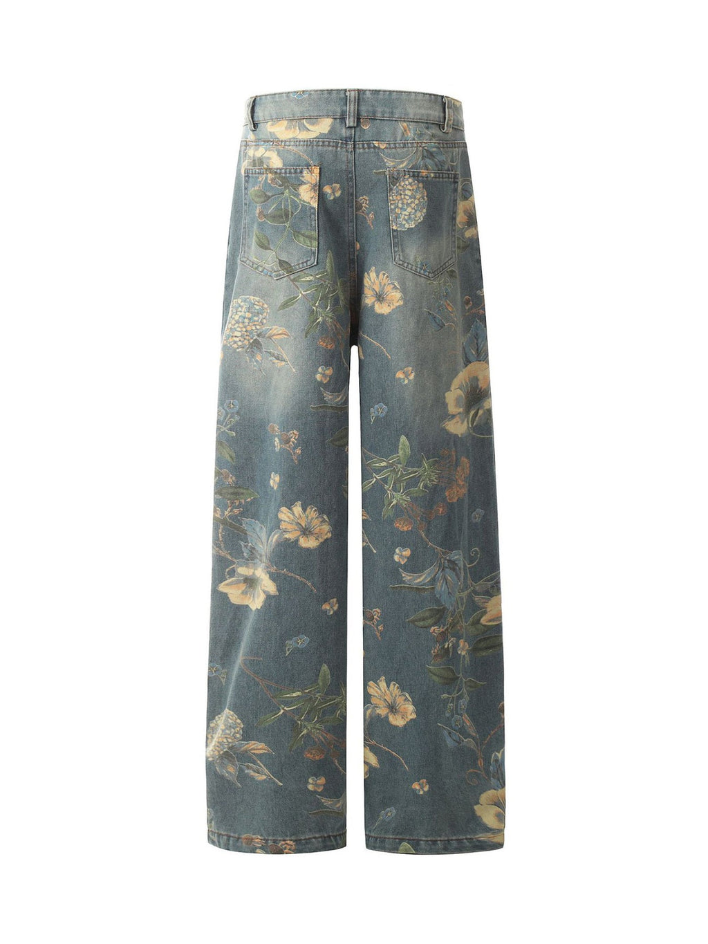 Vintage Floral Print Wide-Leg Denim Jeans – High-Waist Casual Streetwear for Spring and Summer