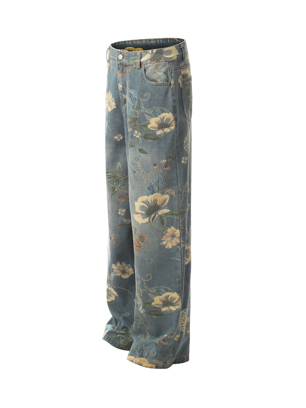 Vintage Floral Print Wide-Leg Denim Jeans – High-Waist Casual Streetwear for Spring and Summer